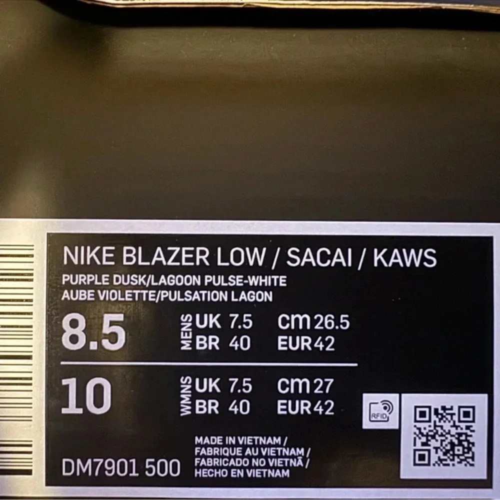 Nike Blazer Low sacai KAWS Purple Dusk Mens Size 8.5 Women’s Size 10 - Picture 6 of 7